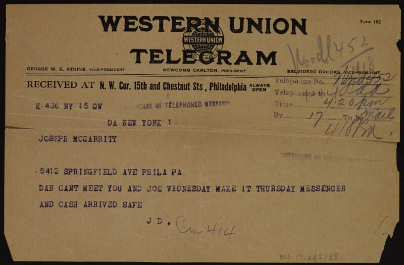 "Duplicate" telegram from John Devoy to Joseph McGarrity postponing a meeting with "Dan" and "Joe",