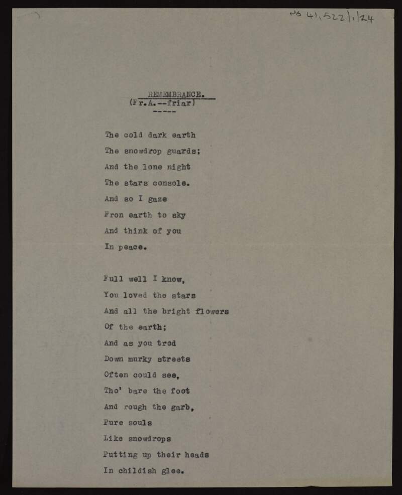 Typescript of 'Remembrance', a poem by an unidentified author,