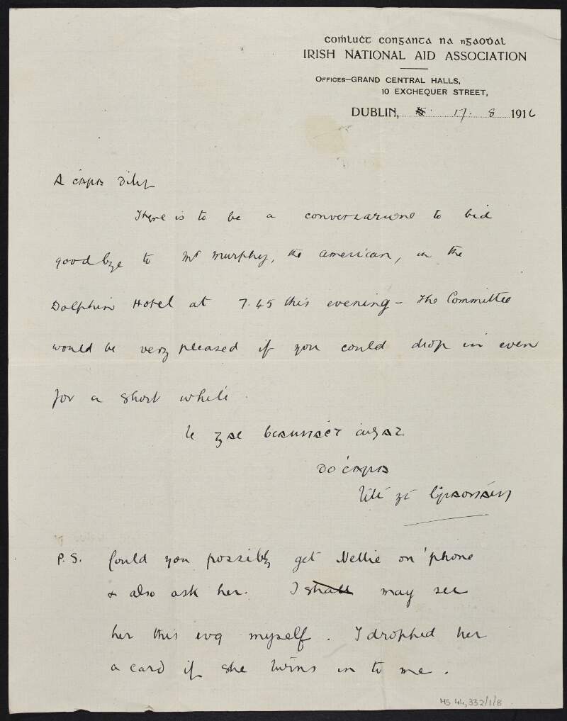 Letter from Lily O'Brennan to Muriel MacDonagh, informing her that they will meet at the Dolphin Hotel to bid goodbye to Mr. Murphy, the American,