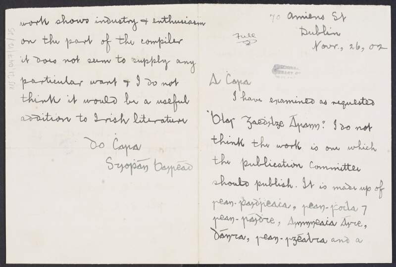 Letter from Stiophán Bairéad to Padraic Pearse advising against the publication of 'Blas Gaedhilge Árann' regardless of the inclusion of additional prayers,