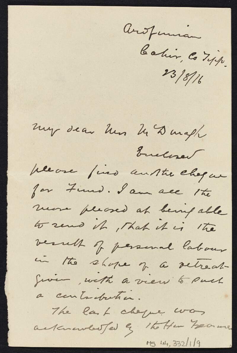 Letter from Fr. John Byrne to Muriel MacDonagh, informing her of an enclosed cheque for the Irish Volunteers Dependants' Fund, which he raised by organising a retreat,