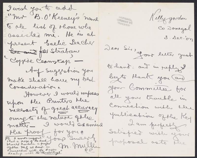 Letter from M. Mullin, Killygordon, Co. Donegal to Padraic Pearse regarding the number of copies of  the 'Key' [Phonetic Key of Ulster Gaelic] to be published by the Gaelic League,