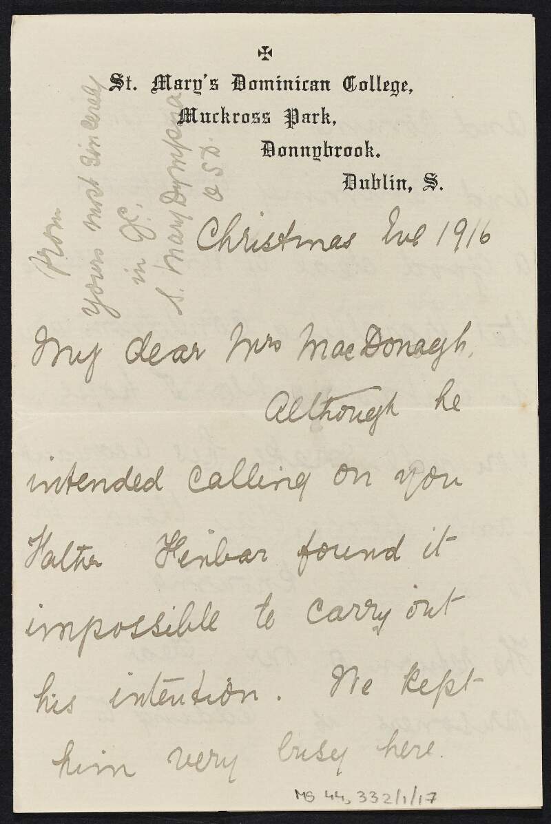 Letter from Sister Mary Dympna to Muriel MacDonagh, in which she refers to the return of prisoners at Christmas,