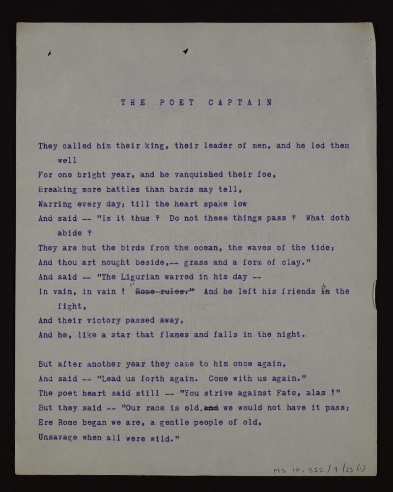 Annotated typescript draft of the poem 'The poet captain',