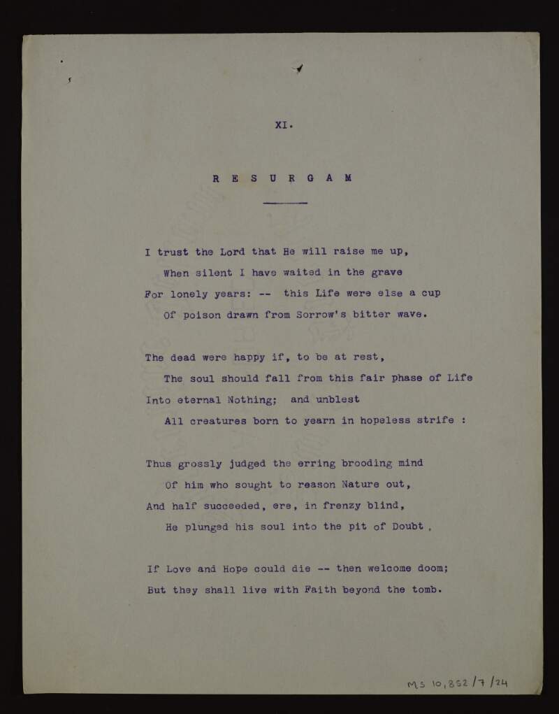 Typescript copy of the poem 'Resurgam',