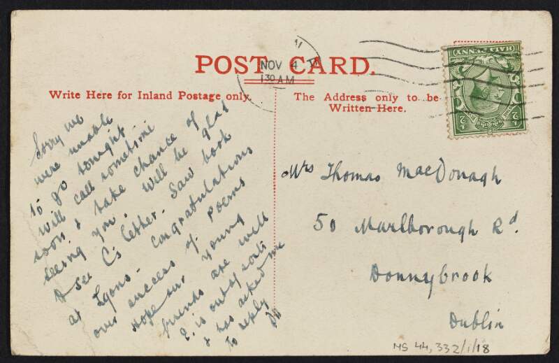 Postcard from unknown author to Muriel MacDonagh, congratulating her on the success of the book 'The Poetic Works of Thomas MacDonagh',