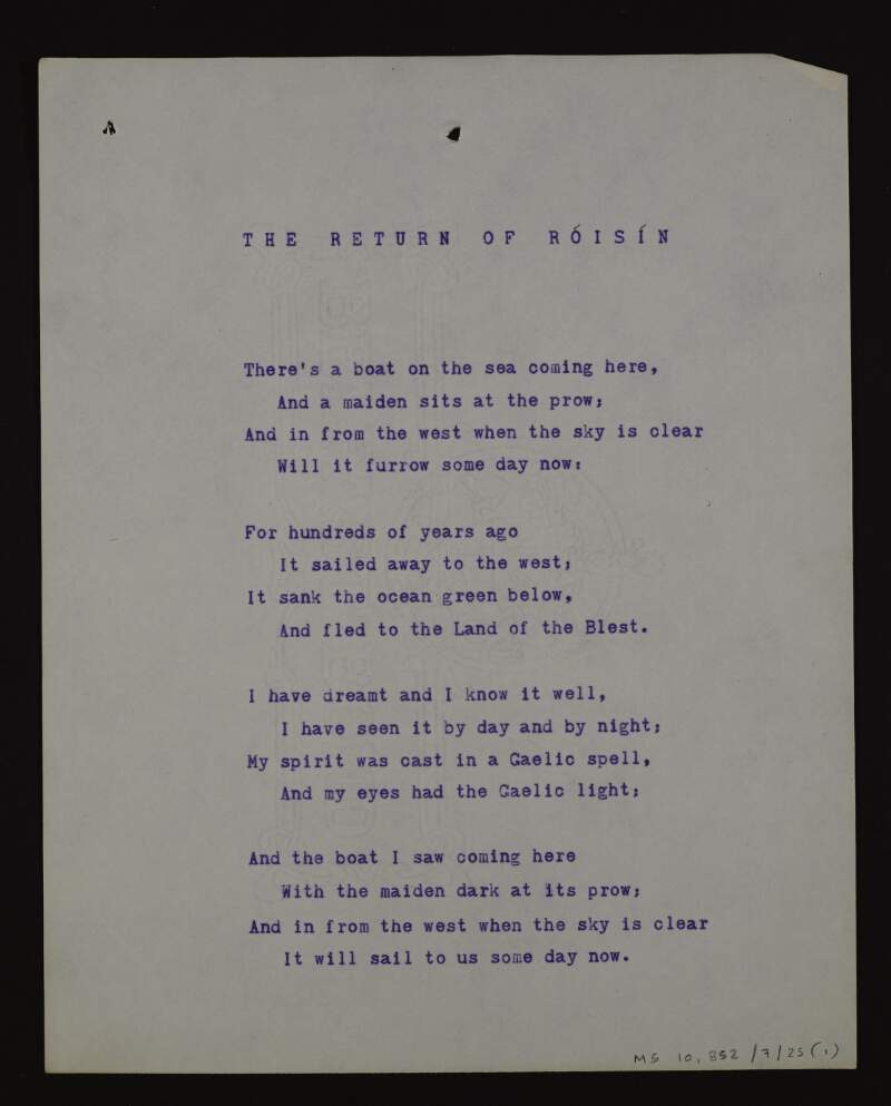 Annotated typescript draft of the poem 'The return of Róisín',