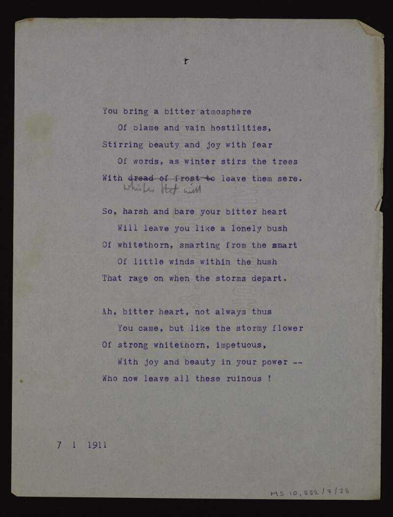Annotated typescript draft of the poem ['The song of joy, II.'],