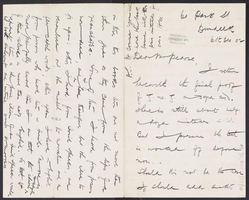 Letter from Henry Morris to Padraic Pearse enclosing the final proof of 'Greann na Gaedhilge', an dara chuid (part two) and disputing a reference to 'Greann na Gaedhilge' part one as a folklore collection,