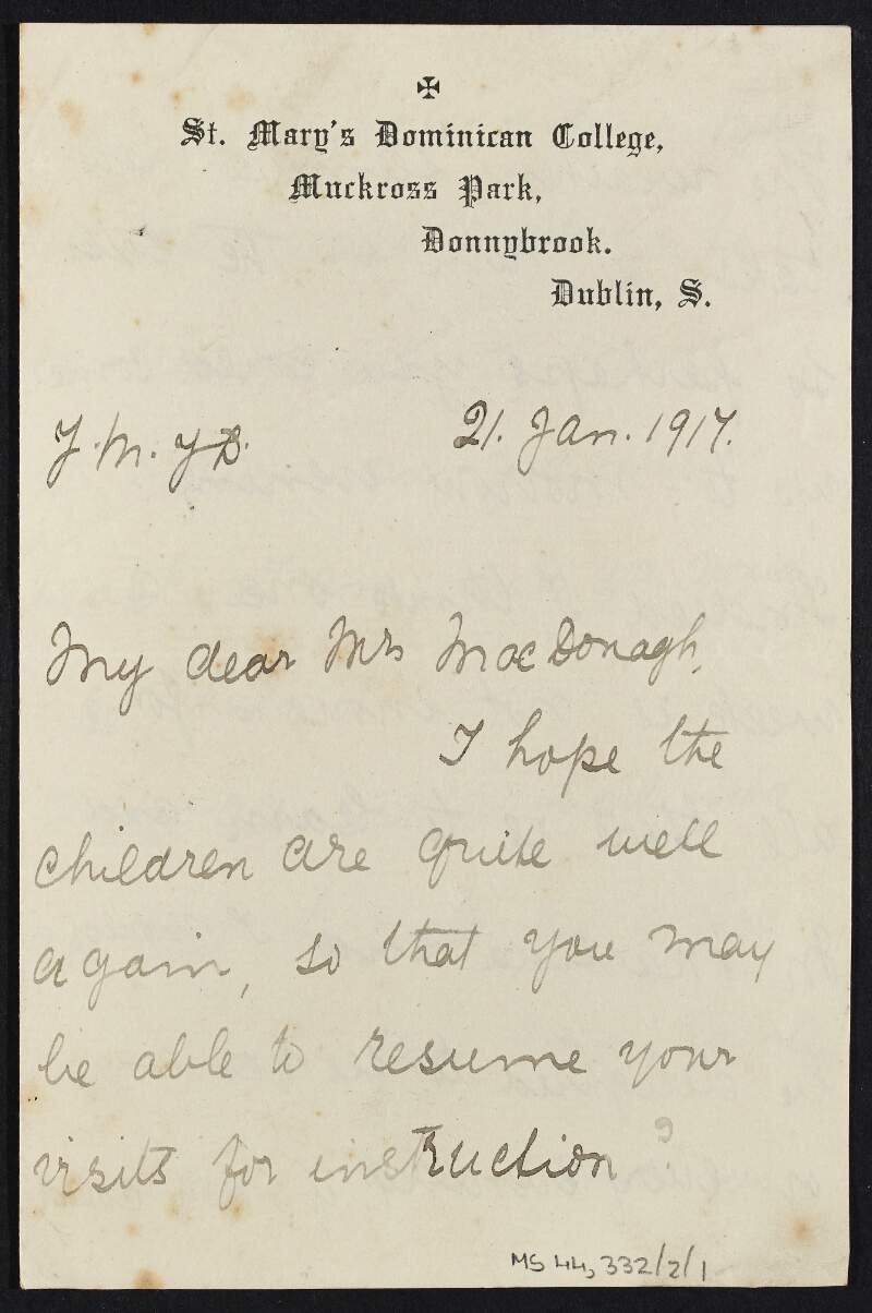 Letter from Sister Mary Dympna to Muriel MacDonagh, in which she writes of resuming her attendance at college, ahead of taking her vows at Easter,