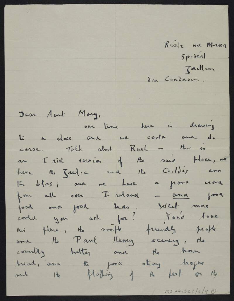 Postcard from Donagh MacDonagh to Mary MacDonagh, Sister Francesca, saying he is "enjoying every moment" of his holidays at Skerries,
