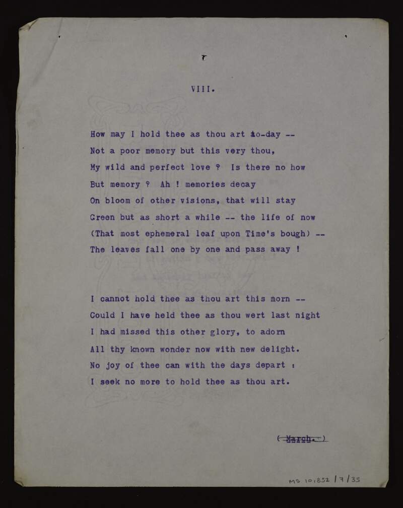 Typescript copy of the unpublished poem ['Sonnets in absence, VIII.'],