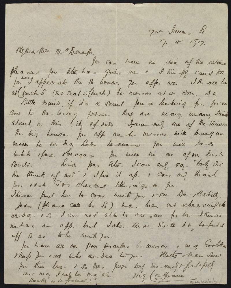 Letter from [M.E.] Cosgrave to Muriel MacDonagh, concerning Cosgrave's acting as sponsor to MacDonagh's conversion to Roman Catholicism,