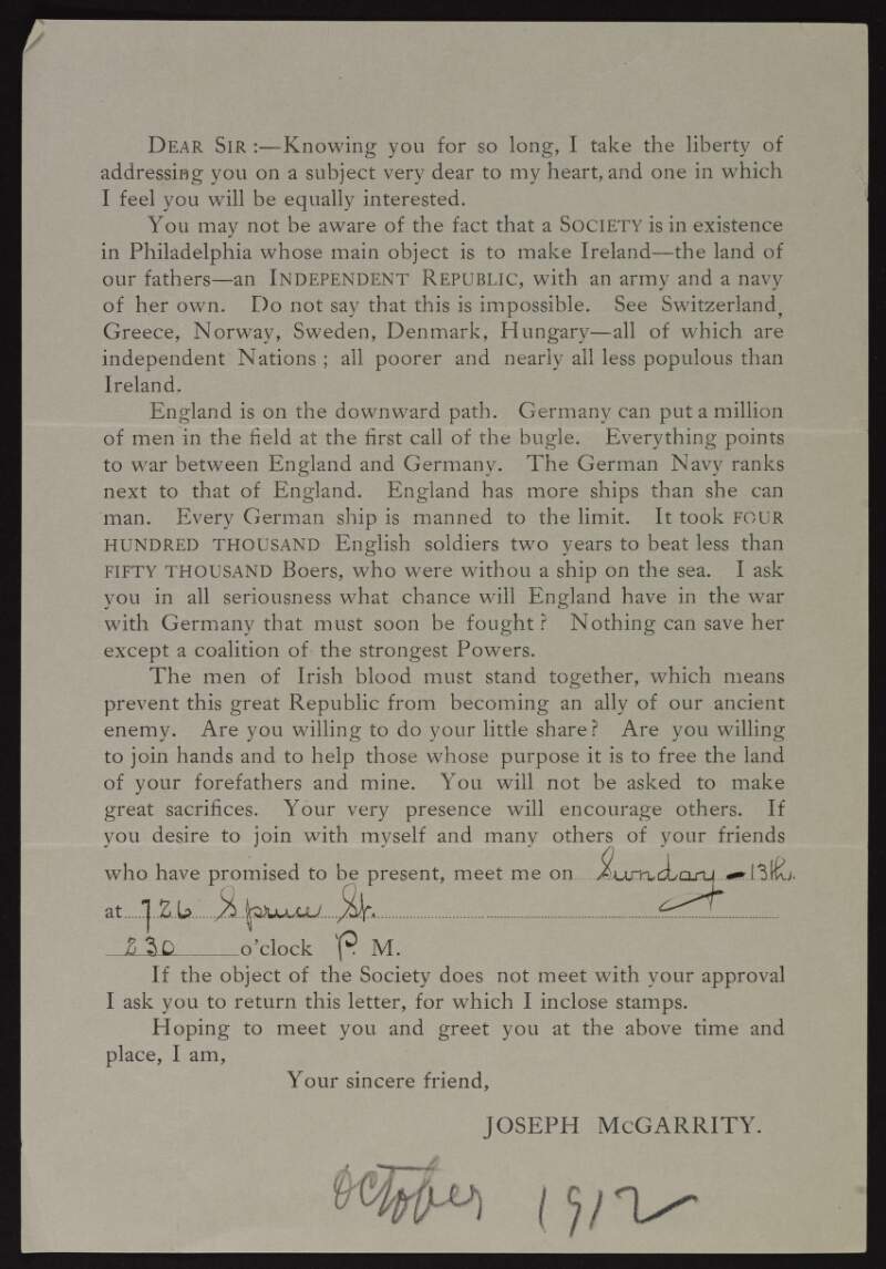Invitation from Joseph McGarrity to attend a "Society" [Clan-na-Gael] meeting as England and Germany are close to going to war,