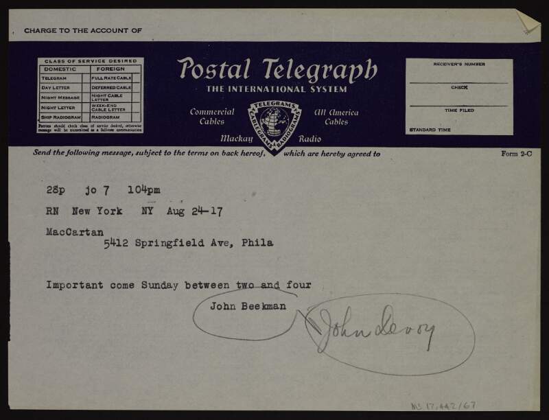 Telegram from "John Beekman" [John Devoy] to "MacCartan" [Patrick McCartan] urging him to come Sunday afternoon,
