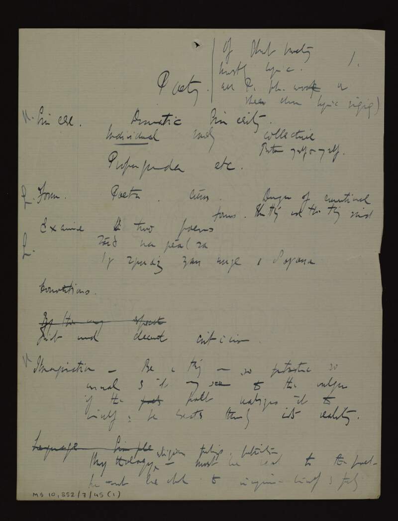 Manuscript draft of, and notes for, an article concerning lyric poetry and poetic techniques,
