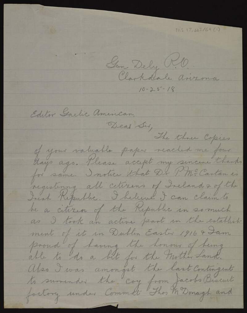 Letter from Patrick O'Breslin to John Devoy wishing to be registered as a soldier citizen of the Irish Republic and giving his credentials,