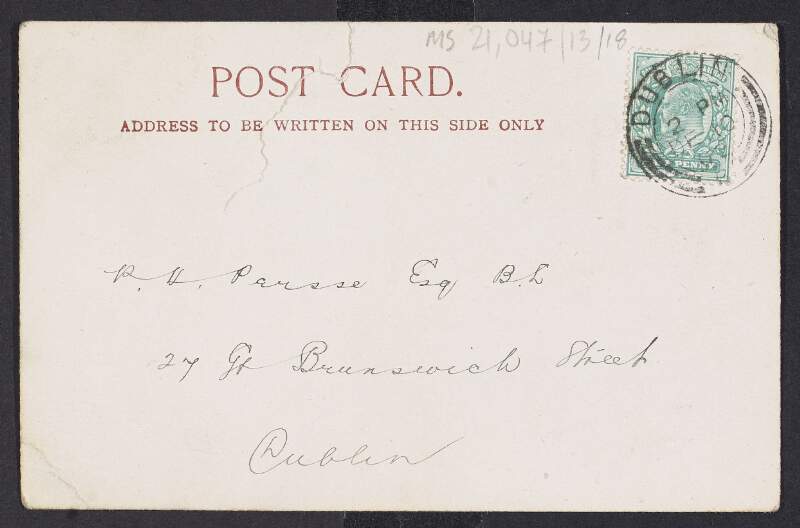 Postcard from P. Comerford and John Curtis, Honorary Secretaries of the Clifford Memorial Committee to Padraic Pearse inviting him to a lecture regarding the Clifford Scholarship Fund,