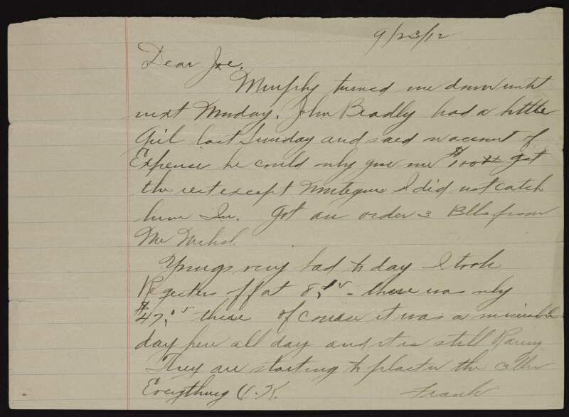 Letter from "Frank" to Joseph McGarrity regarding the collection of money,