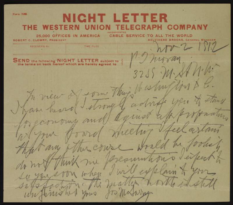 Telegram from Joseph McGarrity to "P.J. Moran" advising him to stand for economy at an upcoming board meeting,