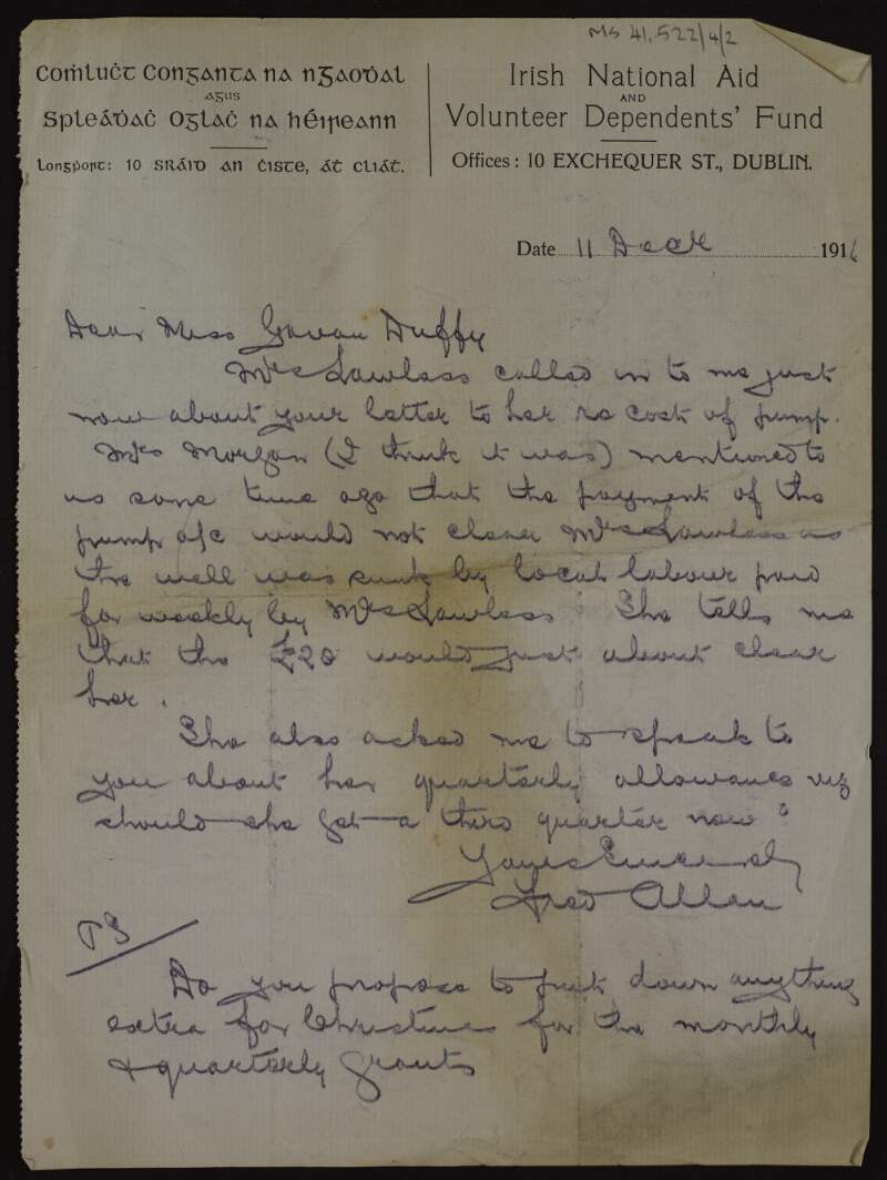 Letter from Frederick Allan of the Irish National Aid and Volunteer Dependents' Fund to Louise Gavan Duffy about payment to a Mrs Lawless for the cost of a pump,