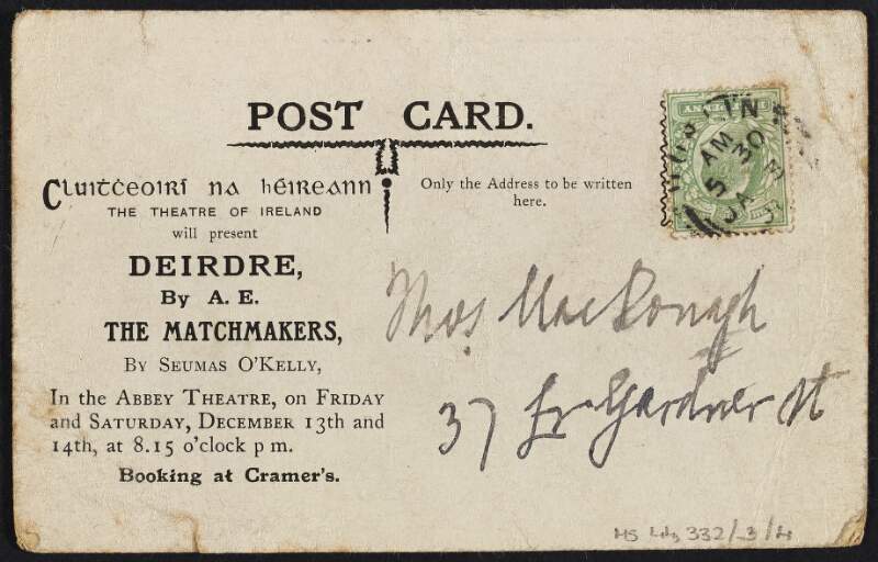Postcard from unknown author to Thomas MacDonagh requesting him to come around at 7pm on Friday as Mrs M is coming in,
