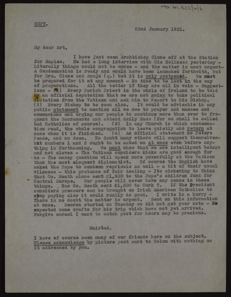 Copy of a letter from "Mairead" to "Art" about likely Vatican condemnation of events in Ireland and containing prosposals for responses in Irish parishes,