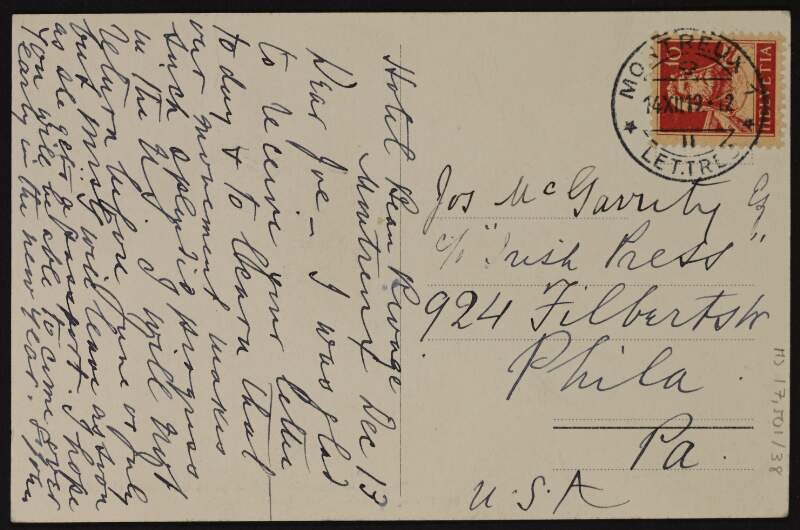 Postcard from "John" to Joseph McGarrity that he is glad "to hear that our movement makes such splendid progess in the US".,