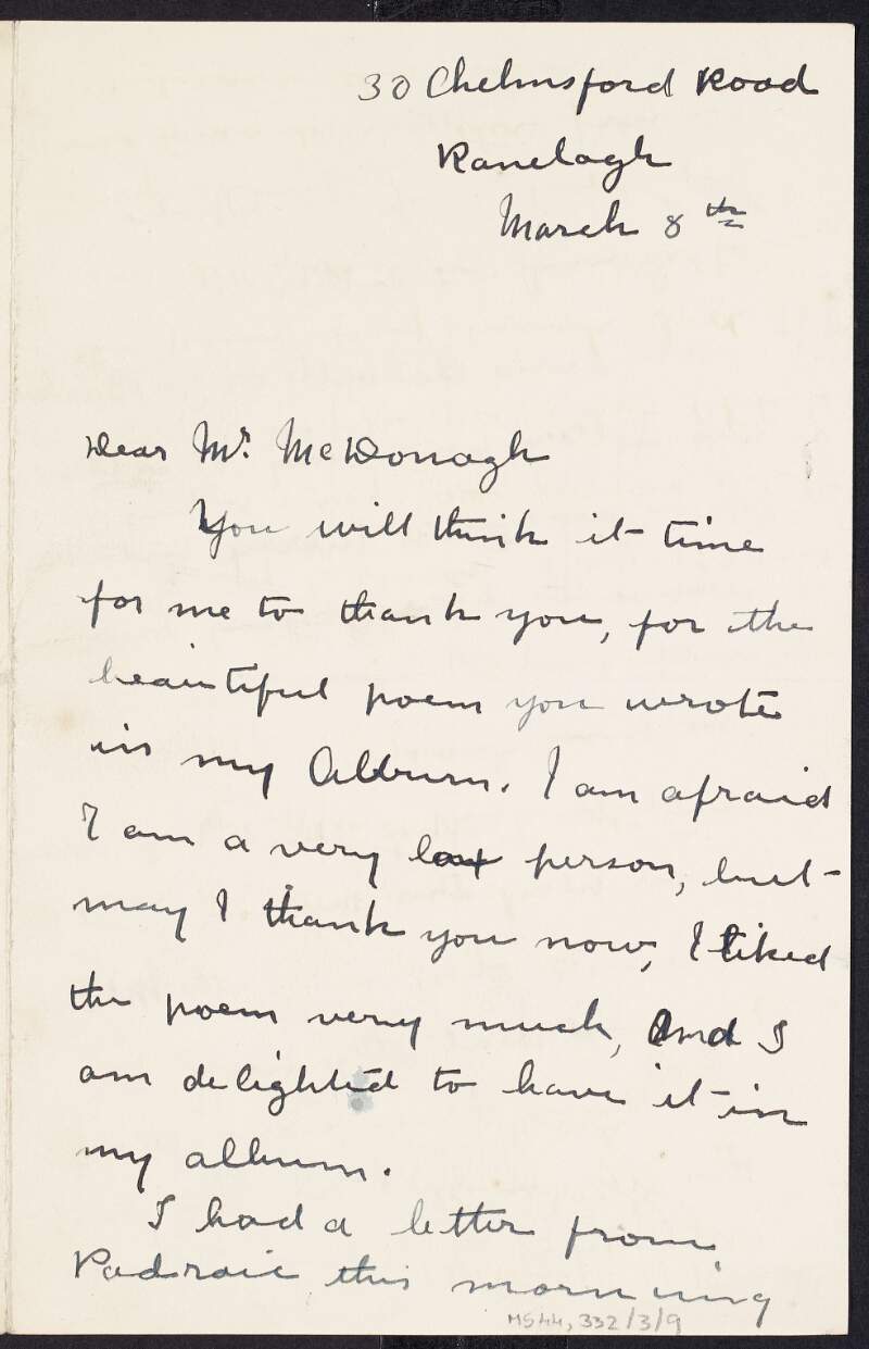 Letter from Eileen Colum to Thomas MacDonagh thanking him belatedly for a poem he wrote in her album and also mentioning that Padraic [Colum] is enjoying his time in London and has written a new one act play,
