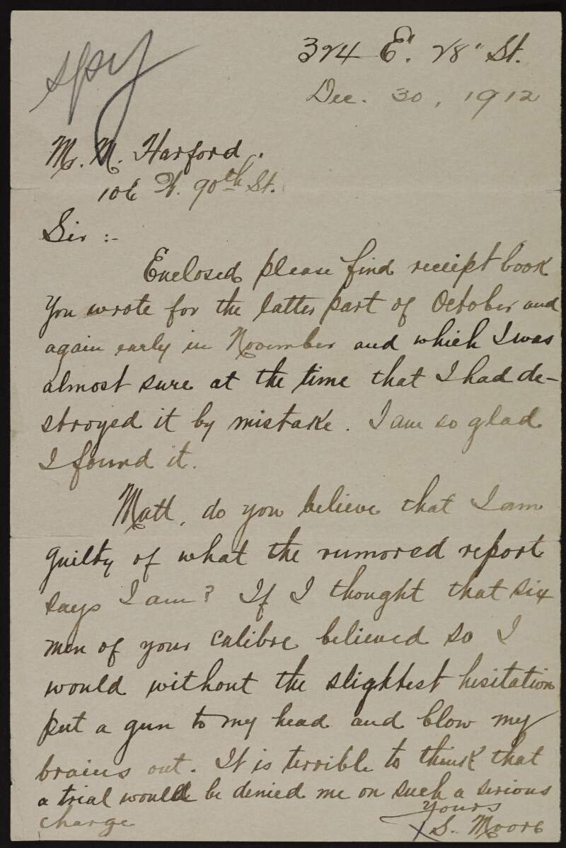Letter from Sylvester Moore to  Matthias Harford regarding charges being brought against Moore [by Clan-na-Gael],