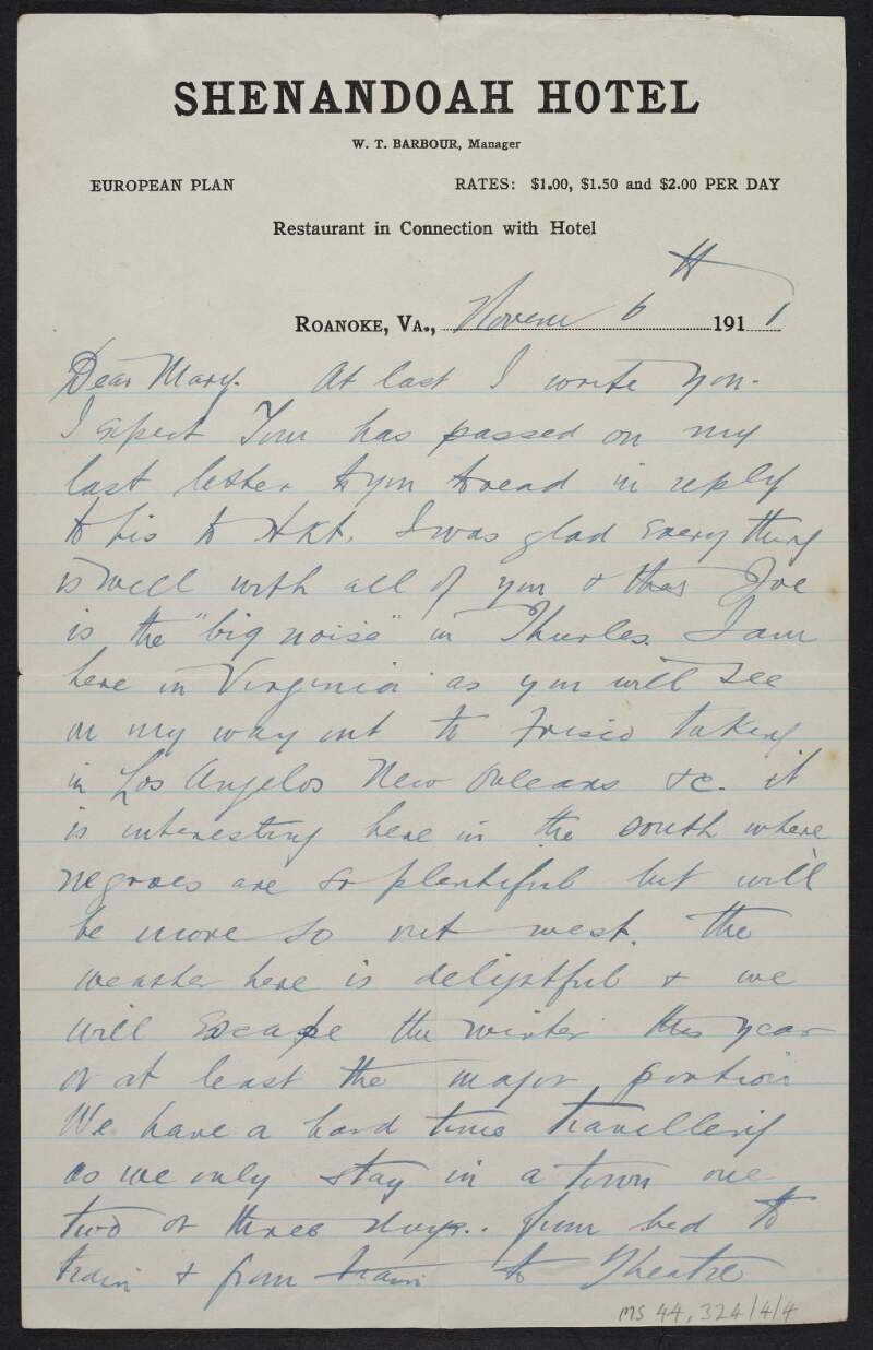 Letter from John MacDonagh to Mary MacDonagh, Sister Francesca, saying he is glad that everyone is well and that Joe is the "big noise in Thurles",