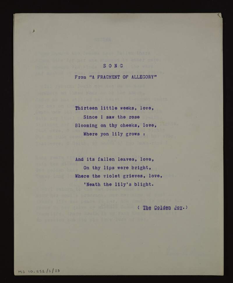 Typescript copy of the poem 'Song from "A fragment of allegory"',