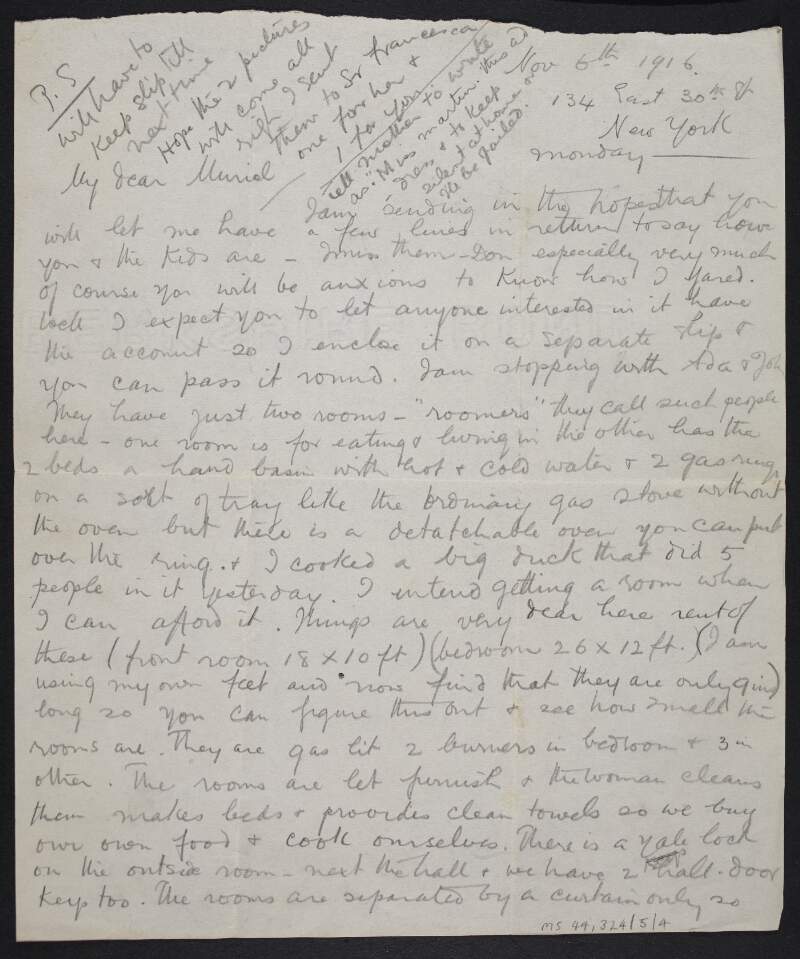 Letter from Nellie Gifford to Muriel MacDonagh telling her about her stay in New York,