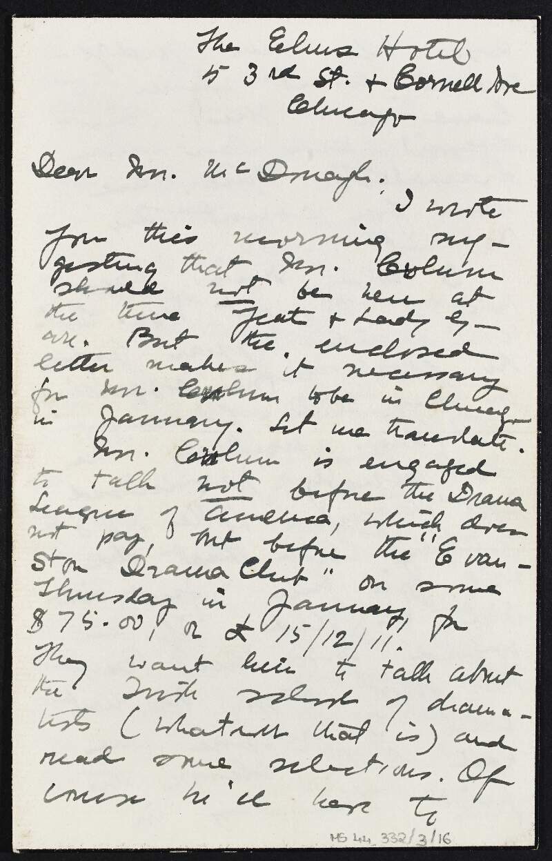 Letter from Maude Radford Warren to Thomas MacDonagh regarding the arrangement for Padraic Colum to go to Chicago in January in order to speak in front of the Evanston Drama Club and the Drama League of America,