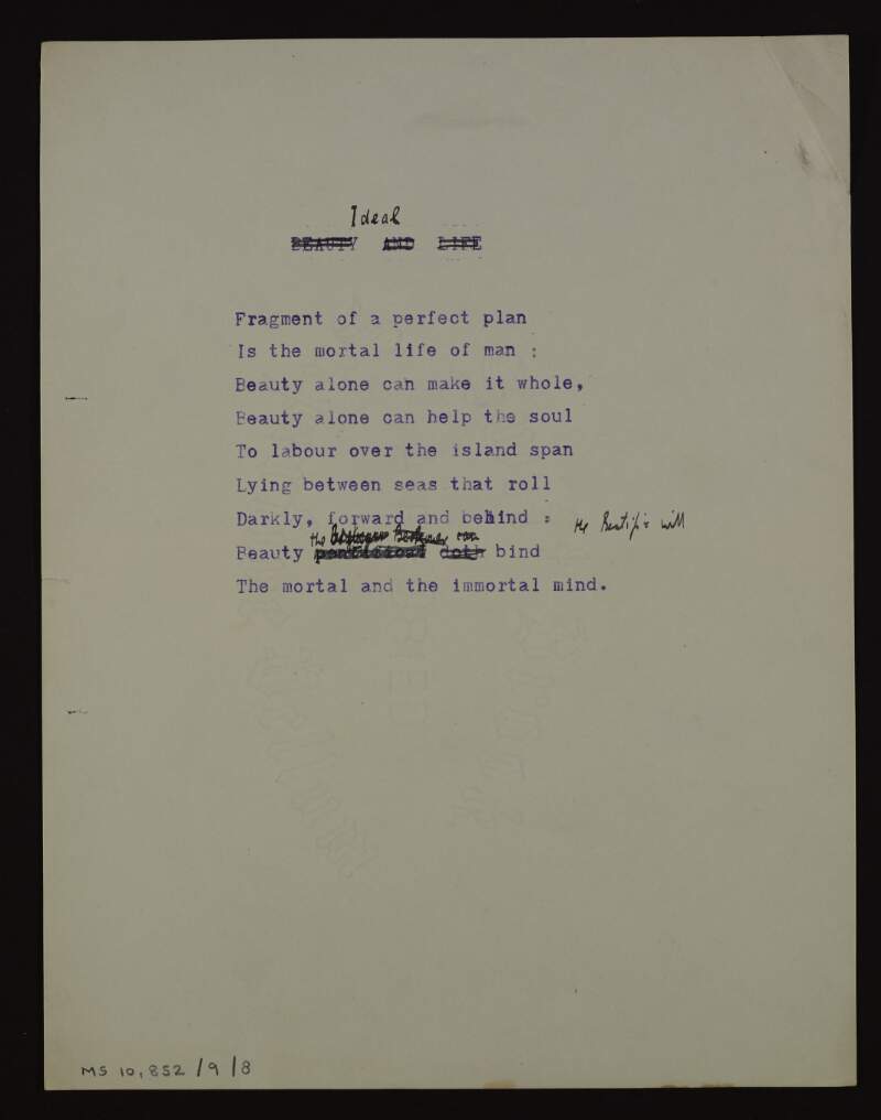 Annotated typescript draft of the poem 'Ideal',