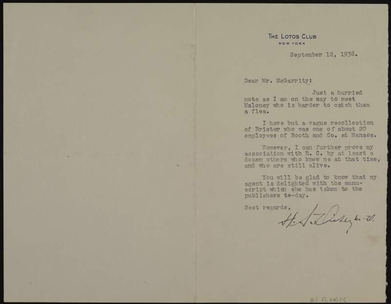 Typescript letter from Dr Herbert Spencer Dickey to Joseph McGarrity informing him that his agent has taken the manuscript of his book on Roger Casement to the publisher,