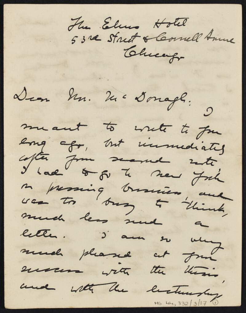 Letter from Maude Radford Warren to Thomas MacDonagh congratulating him on the success of his thesis and his lecturing appointment and also her disappointment over the fact that Padraic Colum did not go over to Chicago,