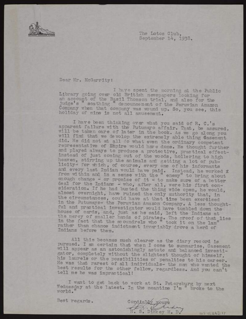 Typescript letter from Dr Herbert Spencer Dickey to Joseph McGarrity regarding Roger Casement's work in Putumayo,