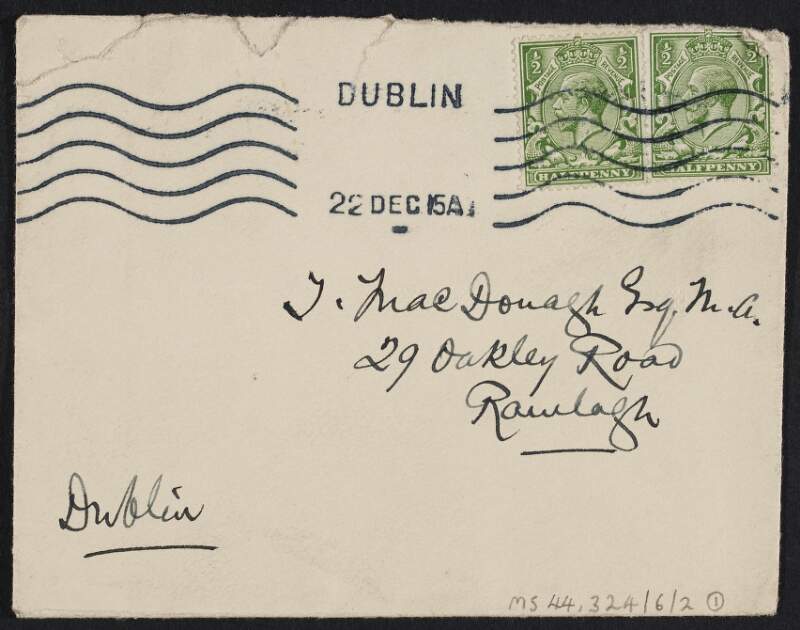 Letter from Isabella Gifford to Thomas MacDonagh inviting himself and the family over to the Gifford house on Christmas Day,