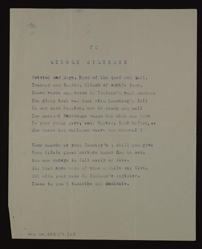 Typescript copy of the poem 'To George Sigerson',