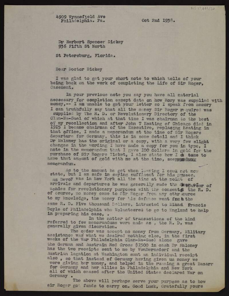 Typescript letter from Joseph McGarrity to Dr Herbert Spencer Dickey concerning the financing of Roger Casement's trip to Germany, detailing the role of Clan-na-Gael members including John Devoy,