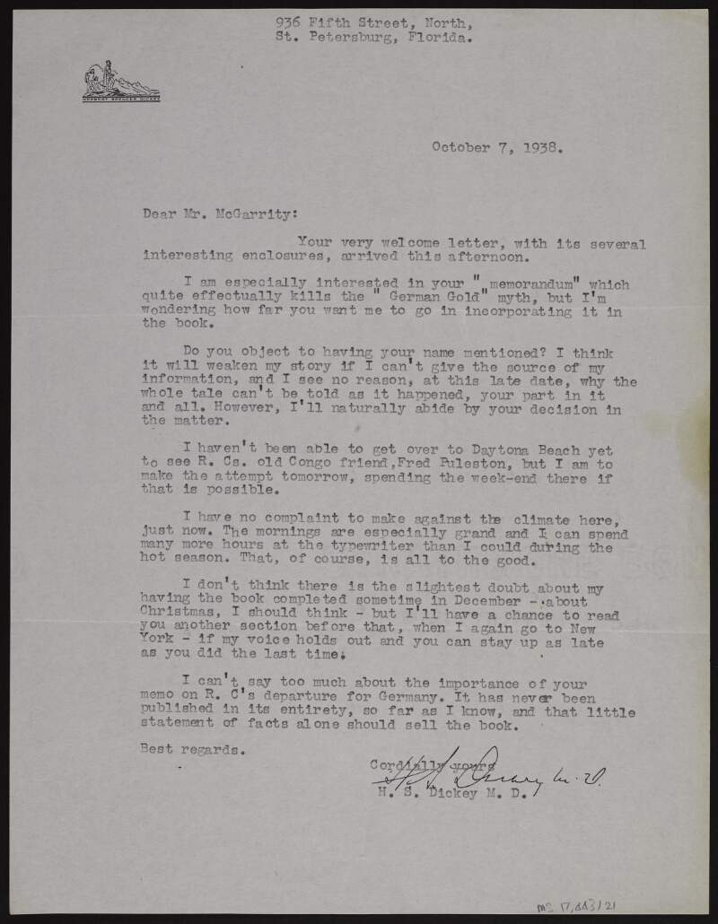 Typescript letter from Dr Herbert Spencer Dickey to Joseph McGarrity requesting his permission to mention his name in relation to the financing of Roger Casement's trip to Germany,