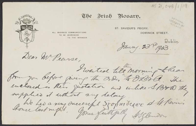 Letter from Henry S. Glendon to Padraic Pearse regarding quotes for the printing of slips for Cú Uladh's handbook and a recent succesful 'sgosiuidheacht' at St. Kevin's House,