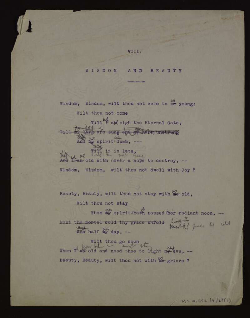 Annotated typescript draft of the unpublished poem 'Wisdom and beauty',
