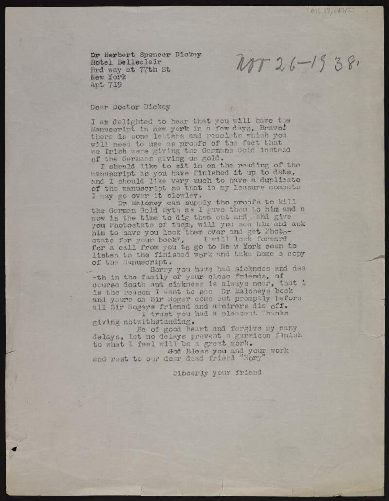 Typescript letter from Joseph McGarrity to Dr Herbert Spencer Dickey informing him that Dr Maloney can provide proofs that the Americans were giving Germans money and not the other way round for his book on Roger Casement,