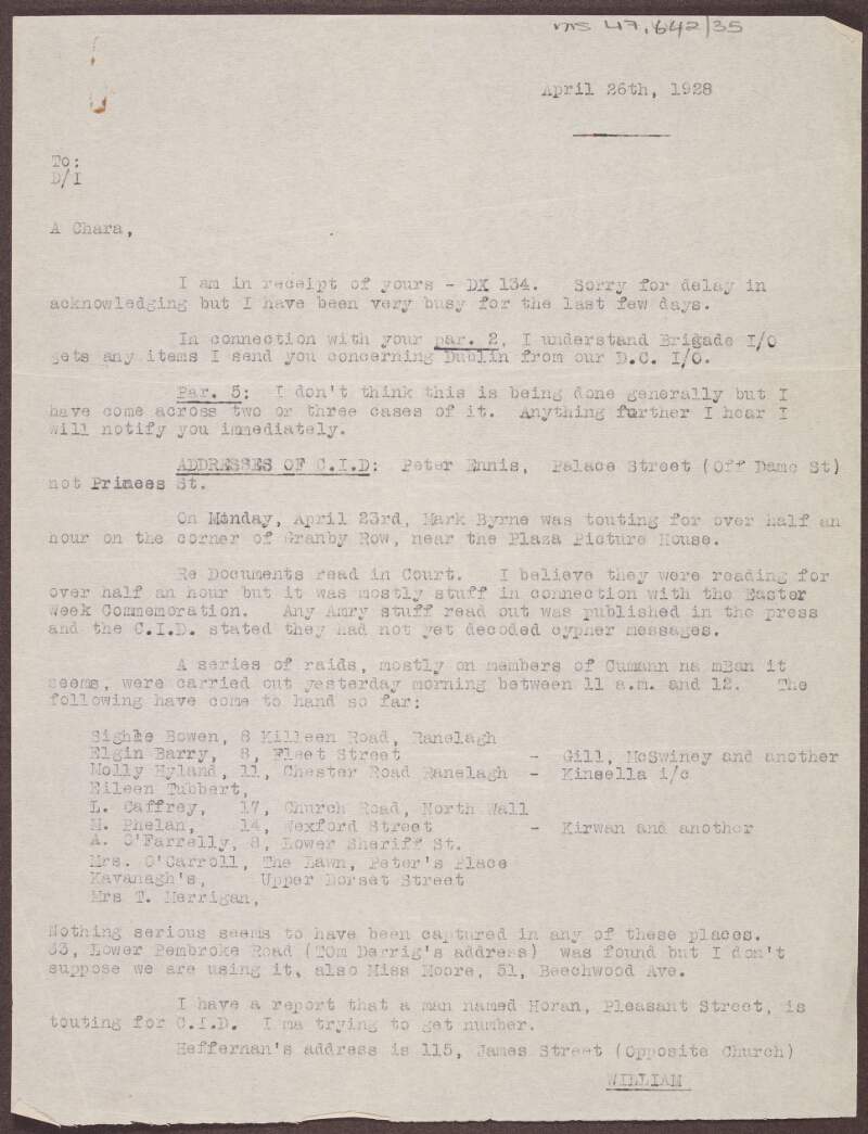 Letter from "William" to the Director of Intelligence of the Irish Republican Army regarding a series of raids on the houses of Cumann na mBan members,