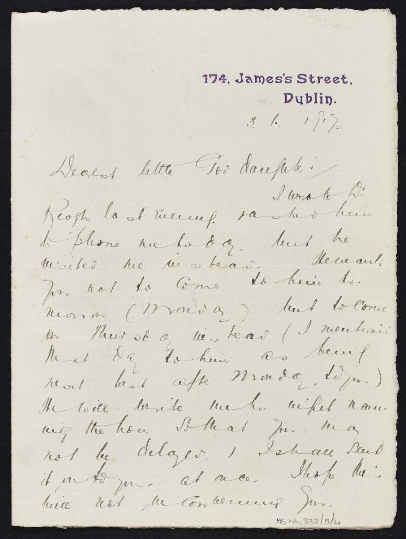 Letter fron [N. E. Cosgrave] to her Goddaughter informing her not to visit tomorrow as the doctor will be at her house with her and also hoping she is well and not ill as she had anticipated,