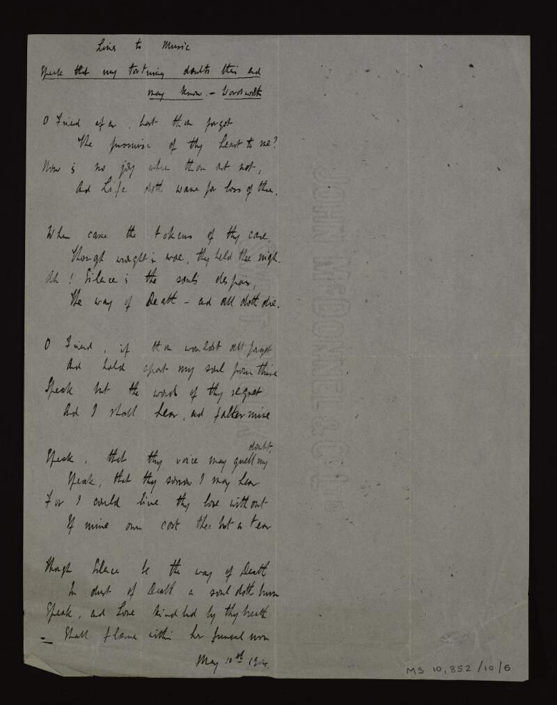 Manuscript copy of the unpublished poem 'Lives to music',