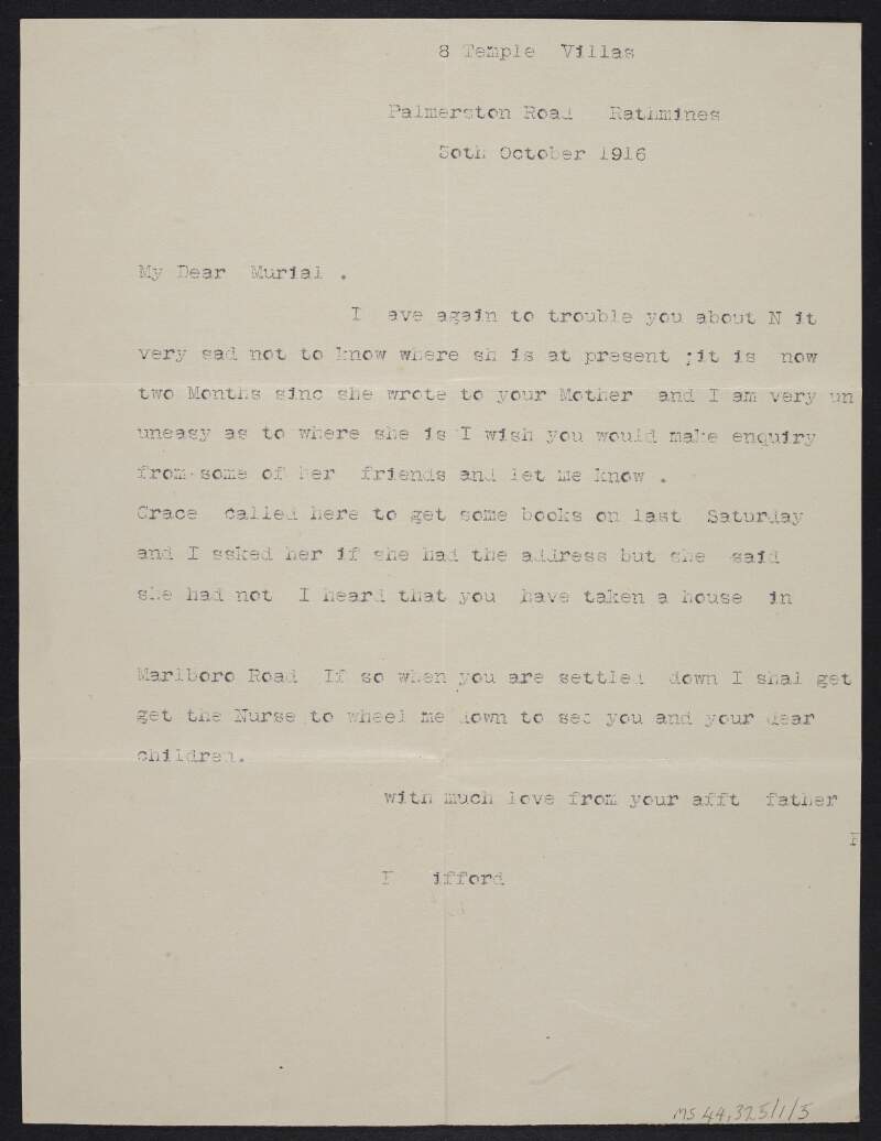 Typescript letter from Frederick Gifford to Muriel MacDonagh telling her that he still has not heard anything from Nellie and is gettting anxious to hear from her,