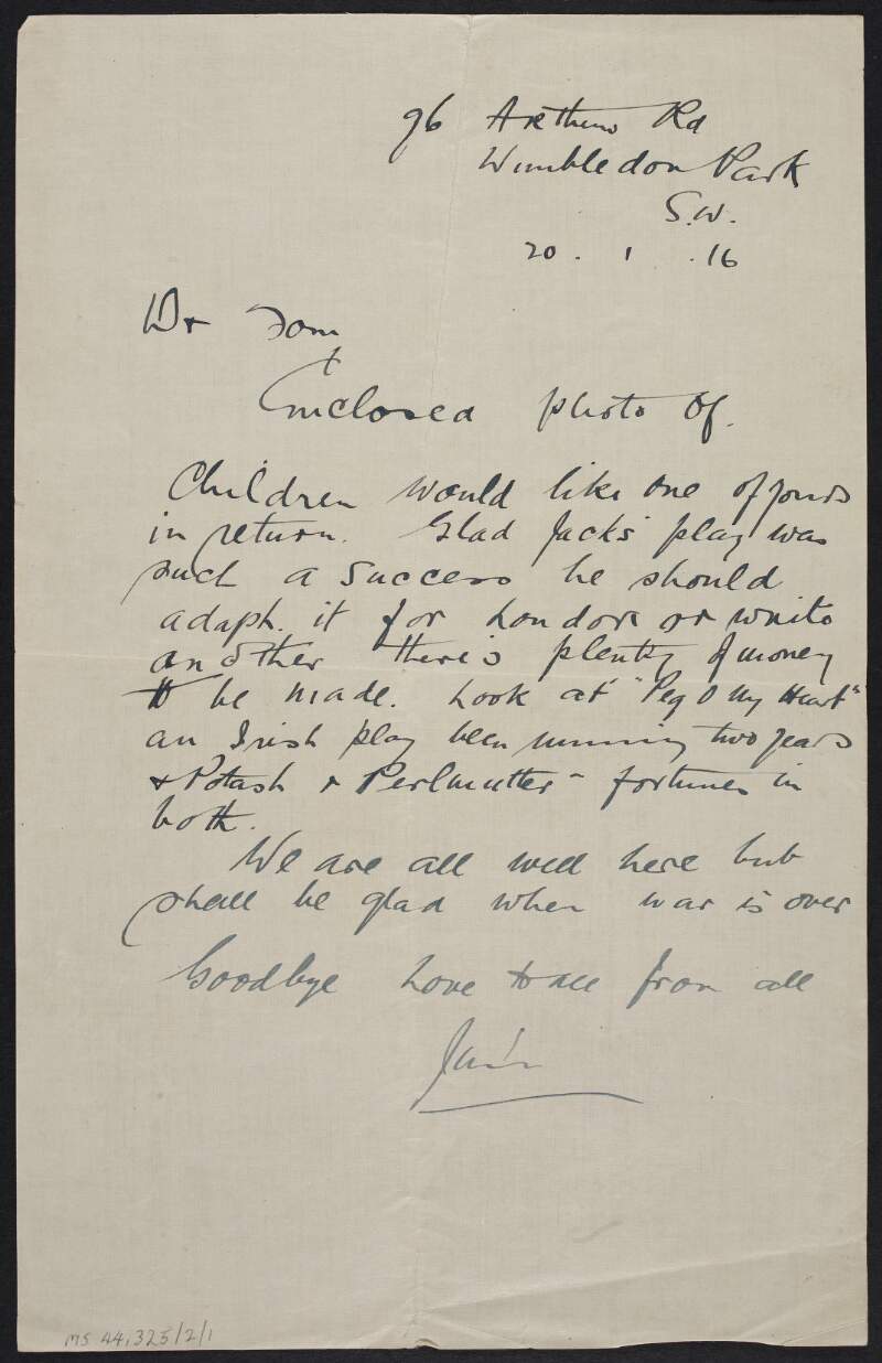 Letter from James MacDonagh to Thomas MacDonagh in which he encloses a photograph of his children and in which he asks the same in return from Thomas,